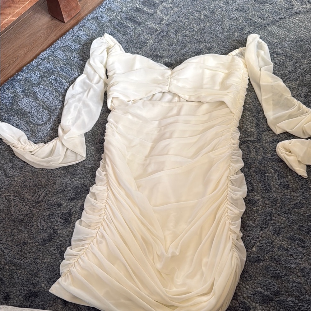 Michael Costello Cream Bodycon Dress with Sweetheart Neckline and Bishop Sleeves